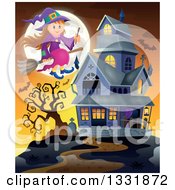 Poster, Art Print Of Happy Halloween Witch Girl Sitting On A Broom And Holding A Magic Wand Over Bats A Full Moon And Haunted House At Sunset