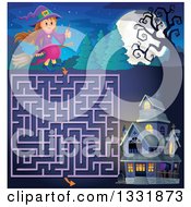 Poster, Art Print Of Happy Halloween Witch Girl Sitting On A Broom And Holding A Magic Wand Over A Maze To A Haunted House