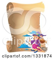 Happy Halloween Witch Girl Sitting On A Broom And Holding A Magic Wand Over A Full Moon With Bats On A Blank Parchment Scroll Page