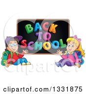 Poster, Art Print Of Caucasian Boy And Girl Waving And Sitting Under A Back To School Black Board