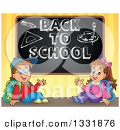 Poster, Art Print Of Caucasian Boy And Girl Waving And Sitting Under A Sketched Back To School Black Board