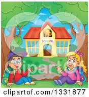 Poster, Art Print Of Caucasian Boy And Girl Waving And Sitting By A School Building