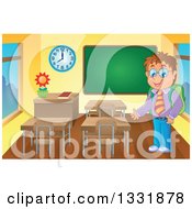 Clipart Of A Caucasian School Boy Presenting A Desk In A Class Room Royalty Free Vector Illustration