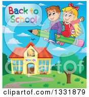 Caucasian Boy And Girl Flying On A Pencil Over A Building And Saying Back To School