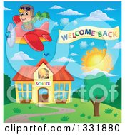 Poster, Art Print Of Caucasian Boy Flying A Welcome Back Banner With An Airplane Over A School Building