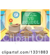 Clipart Of A Class Room Interior With A Sketched Back To School Greeting On A Chalk Board And Desks Royalty Free Vector Illustration