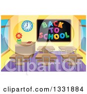 Poster, Art Print Of Class Room Interior With A Back To School Black Board And Desks