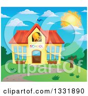 Poster, Art Print Of School Building With A Ringing Bell Against A Blue Sky And Sun