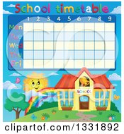 Poster, Art Print Of School Building With A Ringing Bell With A Sun And Rainbow Under A Time Table