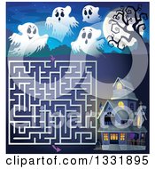 Poster, Art Print Of Halloween Ghost Full Moon And Haunted House Maze