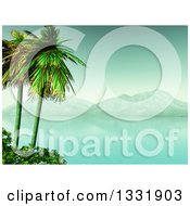 Poster, Art Print Of 3d Tropical Island With Palm Trees And Shrubs A Still Bay And Mountains