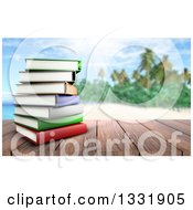 Poster, Art Print Of 3d Wood Table Top With A Stack Of Books Against A Blurred Sunny Sky With Clouds
