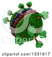 Clipart Of 3d Blue And Red Cars On A Roadway Around A Grassy Planet With Trees On White Royalty Free Illustration