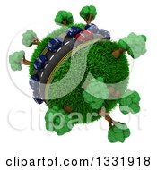 Poster, Art Print Of 3d Blue And Red Cars On A Roadway Around A Grassy Planet With Trees On White 2