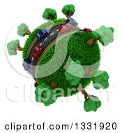 Poster, Art Print Of 3d Blue And Red Cars On A Roadway Around A Grassy Planet With Trees On White 4