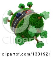 Poster, Art Print Of 3d Blue And Red Cars On A Roadway Around A Grassy Planet With Trees On White 5