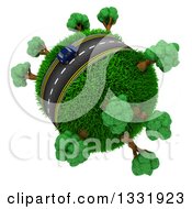 Poster, Art Print Of 3d Lone Blue Car On A Roadway Around A Grassy Planet With Trees On White