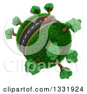 Poster, Art Print Of 3d Lone Red Car On A Roadway Around A Grassy Planet With Trees On White