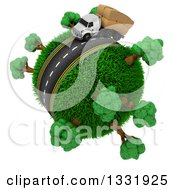 Poster, Art Print Of 3d Roadway With A Big Rig Trucks Loaded With Boxes Driving Around A Grassy Planet With Trees On White