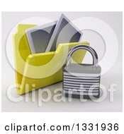 Poster, Art Print Of 3d Yellow File Folder With Pictures And A Padlock On Shaded White