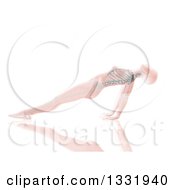 Poster, Art Print Of 3d Pink Anatomical Woman Stretching In A Yoga Pose Her Arms Under Her With Visible Skeleton On White