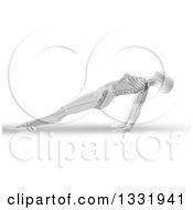 Poster, Art Print Of 3d Grayscale Anatomical Woman Stretching In A Yoga Pose Her Arms Under Her With Visible Skeleton On White