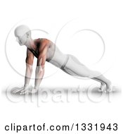 3d Anatomical Man Stretching In A Yoga Pose Or Doing Push Ups With Visible Arm And Shoulder Muscles On Shaded White