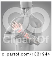 Clipart Of A 3d Anatomical Man Clutching His Wrist With Glowing Pain And Visible Bones On Gray Royalty Free Illustration