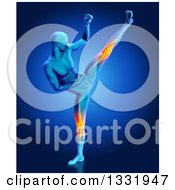 Poster, Art Print Of 3d Blue Anatomical Man Kick Boxing With Visible Glowing Knee Pain On Blue
