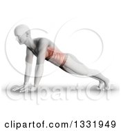 Poster, Art Print Of 3d Anatomical Man Stretching In A Yoga Pose Or Doing Push Ups With Visible Front Side Muscles On Shaded White