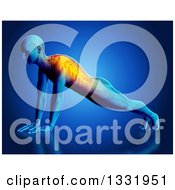 Poster, Art Print Of 3d Anatomical Man Stretching In A Yoga Pose Or Doing Push Ups With Glowing Back Pain And Visible Skeleton On Blue