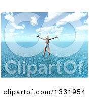 Clipart Of A 3d Carefree Happy Caucasian Woman In A Bikini Cheering And Standing In Water Off Of A Tropical Beach Royalty Free Illustration by KJ Pargeter