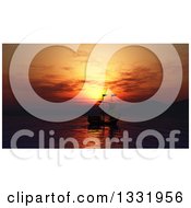 Poster, Art Print Of 3d Silhouetted Ship Against A Fiery Sunset And Hills