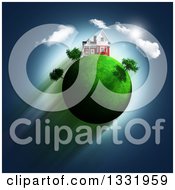 Poster, Art Print Of 3d House On Top Of A Green Glassy Globe With Trees Clouds And Sky