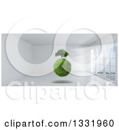 Poster, Art Print Of 3d Grassy Globe And Tree Floating Inside A White Room With Floor To Ceiling Windows