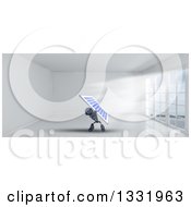 3d Blue Android Robot Holding Up A Solar Panel In A Room With Floor To Ceiling Windows