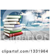 3d Wood Table Top With A Stack Of Books Against A Blurred Sunny Sky With Clouds And A Boat At Sea