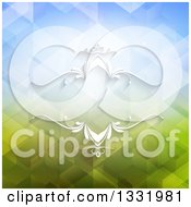 Clipart Of A White Ornate Frame Over A Blue And Green Geometric Background Royalty Free Vector Illustration by KJ Pargeter