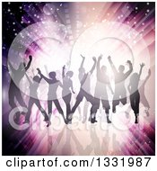 Clipart Of A Silhouetted Group Of Dancers Over Flares And Lights On Purple And Black Royalty Free Vector Illustration