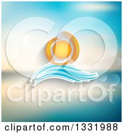 Poster, Art Print Of Cartoon Sun And Wave Icon Over A Blurred Ocean With Flares