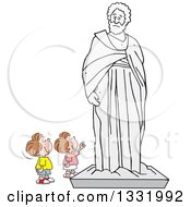 Poster, Art Print Of Cartoon Brunette White Boy And Girl Appreciating A Large Statue