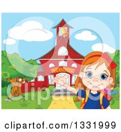 Poster, Art Print Of Happy Girl Student Presenting A Red School Building