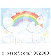 Poster, Art Print Of Rainbow Above Puffy Clouds With Colorful Butterflies