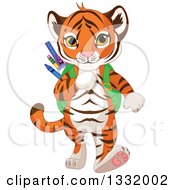 Poster, Art Print Of Cute Tiger Cub Student Walking With A Backpack Full Of School Supplies