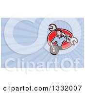 Clipart Of A Cartoon Male Mechanic Worker Holding A Giant Wrench And A Tire In A Red Oval And Pastel Purple Or Blue Rays Background Or Business Card Design Royalty Free Illustration by patrimonio