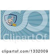 Poster, Art Print Of Retro Cartoon Happy White Male Mechanic Running With A Spanner Wrench And A Tool Box Emerging From A Shield And Blue Rays Background Or Business Card Design