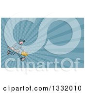 Clipart Of A Retro Cartoon Happy White Male Mechanic Running With A Spanner Wrench And A Tool Box And Blue Rays Background Or Business Card Design Royalty Free Illustration