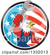 Poster, Art Print Of Cartoon Bald Eagle Mechanic Man Holding Up A Wrench In An American Circle