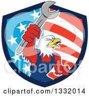Poster, Art Print Of Cartoon Bald Eagle Mechanic Man Holding Up A Wrench In An American Shield