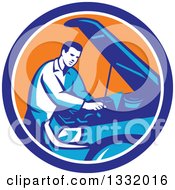 Clipart Of A Retro Male Car Mechanic Working On An Automobile In A Blue White And Orange Circle Royalty Free Vector Illustration
